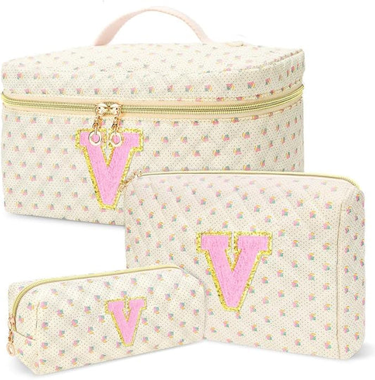 3 PCS Travel Makeup Bag Set,A-Z Initials Cotton Make up Bag Floral Quilted Cosmetic Bag for Girls and Women,Personalized Christmas Gifts,Cute Toiletry Travel Accessories Brushes Bags-V