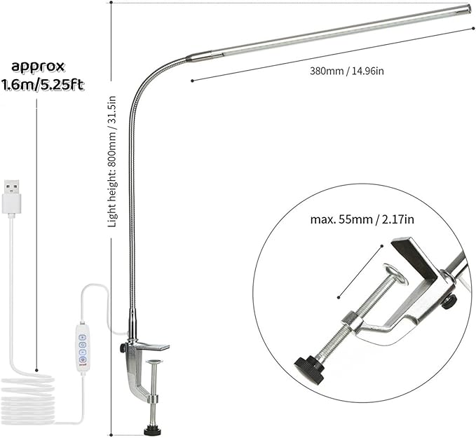 Desk Lamp with Clamp, 3 Modes 10 Brightness 360° Rotation Eye-Caring Reading Light,8W Long Flexible Gooseneck, Architect Task Lamp, USB Clamp Light for Home Office Manicure Reading