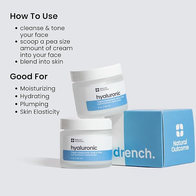Natual Outcome - Hyaluronic Acid Moisturizer Face Cream for Skin, Daily Day & Night Hydrating Lotion Triple Hyaluronic Acid & PCA - Vegan, Cruelty Free, Fragrance Free 2 OZ