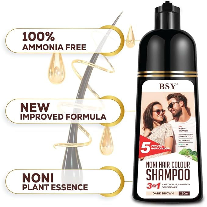 BSY Noni Hair color shampoo - 6 fl oz - Pump Pack | No Ammonia | 3 in 1 - Hair Dye Shampoo, conditioner for women | Noni Fruit Hair Dye for Men | 5 Minutes Hair Color (Dark Brown)