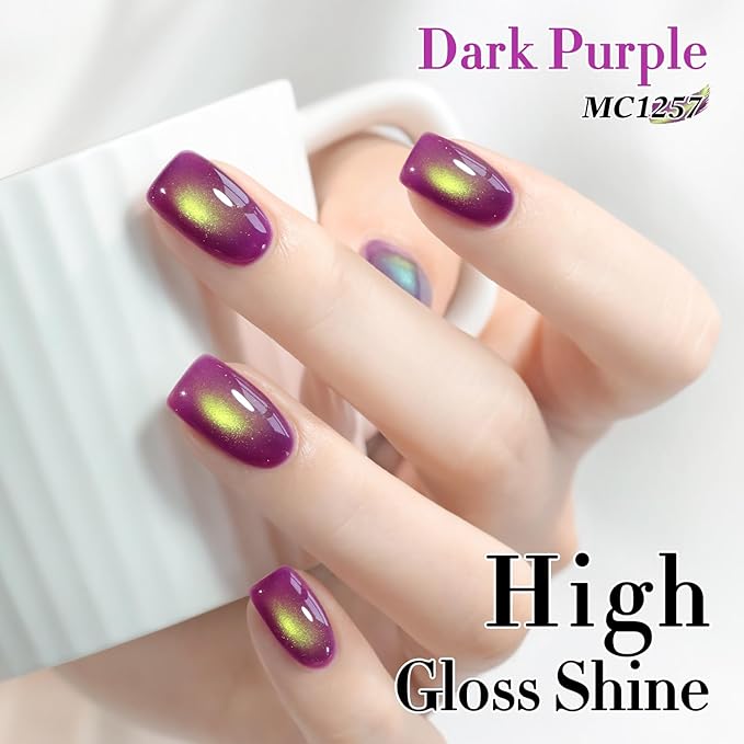 Double Rhythm 0.5 OZ Cat Eye Gel Polish with Magnet 15ML Holographic Glitter Shimmer Translucent Jelly Color Magnetic Nail Polish Salon DIY at Home (Golden Purple-MC1257)