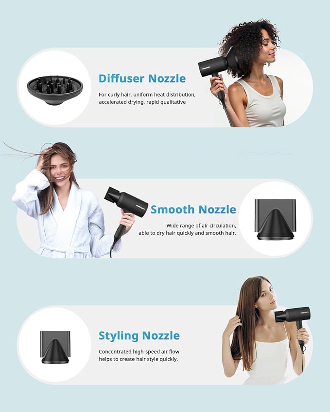 SHRATE Lightweight Ionic Hair Dryer with Diffuser - Powerful 1800W Blow Dryer for Fast Drying - Professional Low Noise Mini Hair Dryer for Travel, Gifts, Hair Styling (Black)