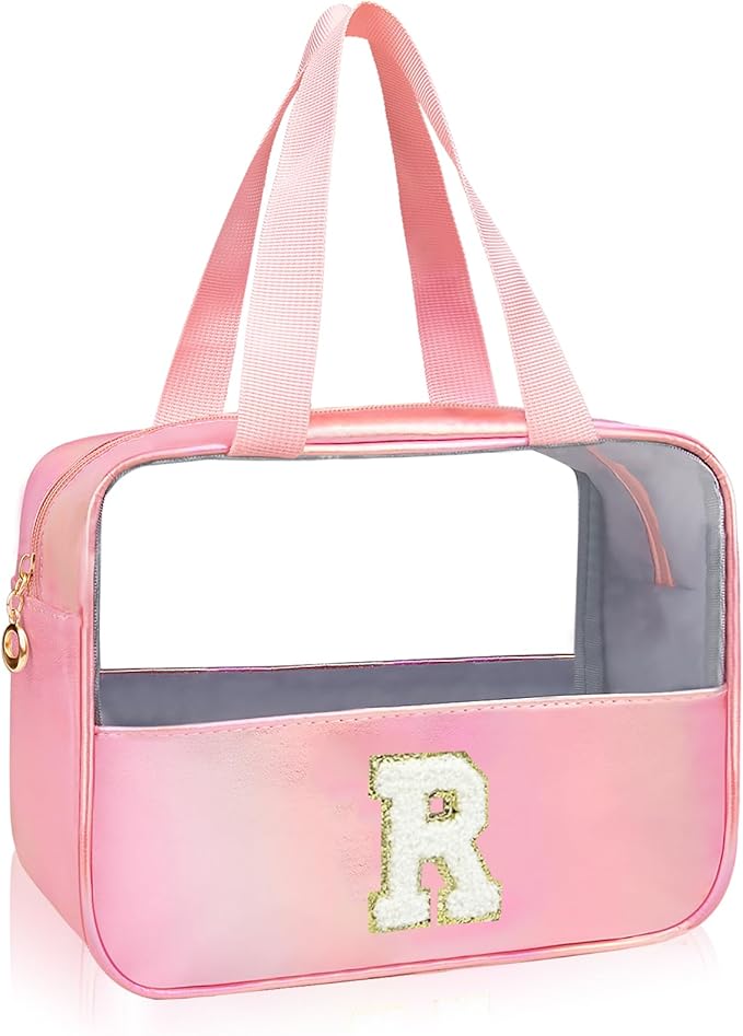 Personalized Initial Clear Makeup Bag Pink Cosmetic Bag Set Large Travel Toiletry Bag, Cute Clear Make Up Bags Organizer Bag for Girlfriend Teacher Gifts Teen Girl Gifts Trendy Stuff R (Pink)