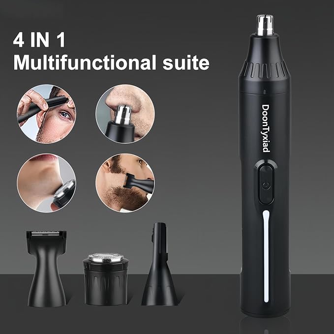 Rechargeable Ear and Nose Hair Trimmer, 4-in-1 Professional Painless Eyebrow & Facial Hair Trimmer for Men Women, Powerful Motor and Dual-Edge Blades for Smoother Cutting Black(Black 4-in-1)