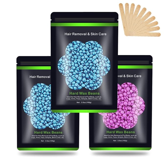 Wax Beads for Hair Removal 10.5oz (300g), Auperwel Hard Wax Beads Beans for Sensitive Skin Brazilian Waxing, Face, Bikini, Eyebrow, Legs, Painless for Women Men, 3 packs Kit with 10 Sticks