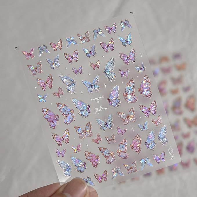 Butterfly Nail Art Stickers Decals Purple Pink Butterfly 5D Embossed Nail Decals Shell Light Butterflies Nail Designs Adhesive Sticker Manicure Accessories for Women Girls DIY Nail Art Decorations