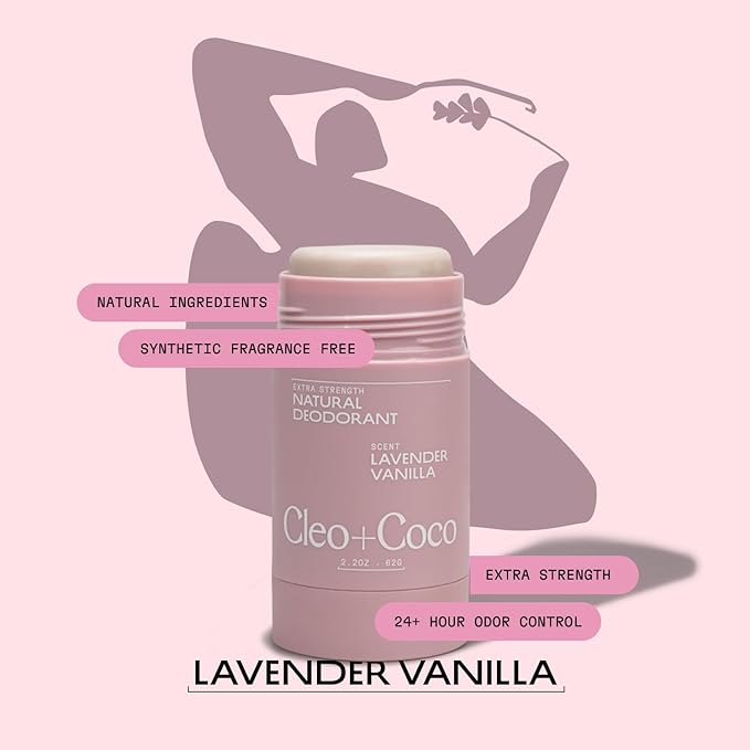 Cleo+Coco Extra Strength Deodorant Balm, Lavender Vanilla (2.2 oz), Natural Aluminum Free Deodorant for Women & Men with 5X Odor Fighters, 24+hour Odor Control, Free from Synthetic Fragrance, Vegan