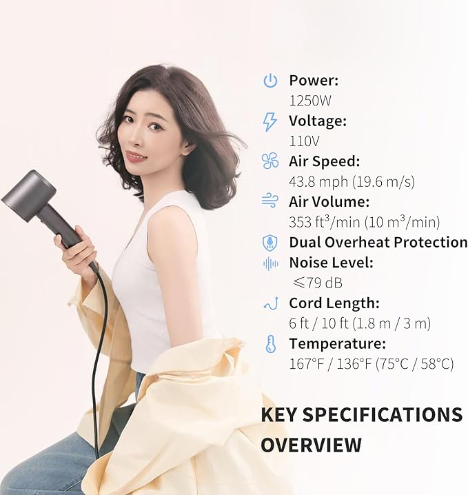 Ionic Hair Dryer, Dual Overheat Protection & Anti-Static Ion Care, High-Speed Wind, Low Noise, 2 Heat & 2 Speed Settings, Durable PA+Glass Fiber Shell, Lightweight with Concentrator Nozzle