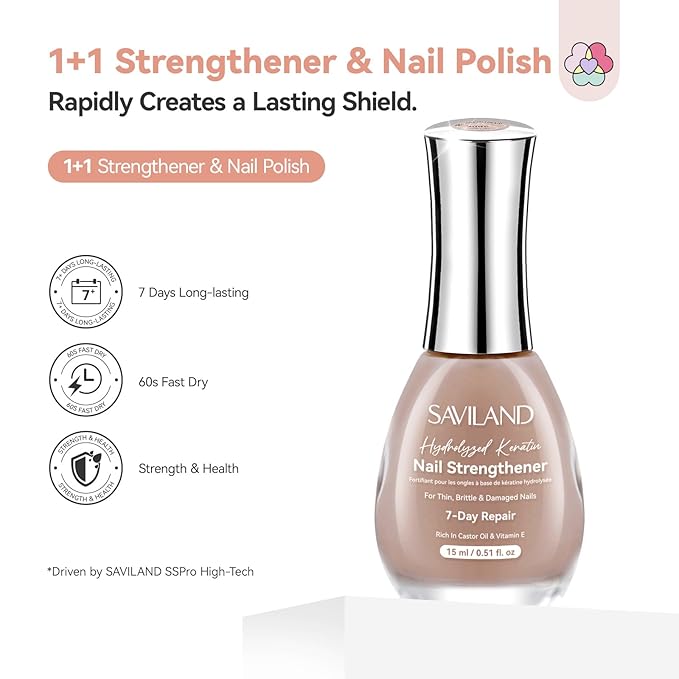 SAVILAND Nail Strengthener: Jelly Nude Nail Growth for Damaged Nails Air Dry Natural Concealer Foundation Polish 15ml Strengthening Polish Repair Weak & Thin Nails Fingernail Nail Care Gifts for Women