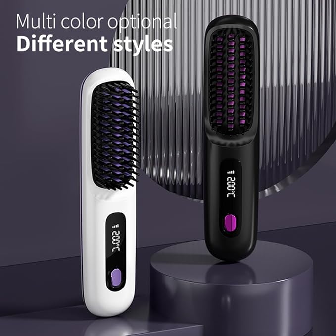 Go Brush Pro 2025 Cordless Hair Straightener Brush – 3 Heat Settings, USB Rechargeable, 2-in-5 Straightener & Curler, Ionic Anti-Static for All Hair Types (Black)