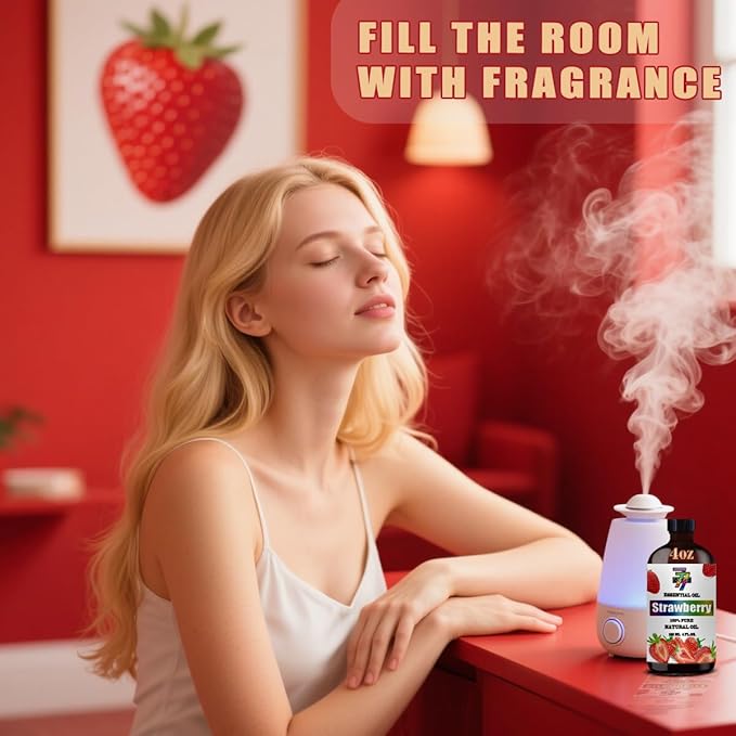 Strawberry Essential Oil (4 oz/120 ml) — Strawberry Oils for Aromatherapy, diffusers, humidifiers, Home fragrances, DIY Skincare, soap Making, DIY Candle, Relaxation, Yoga, and Meditation