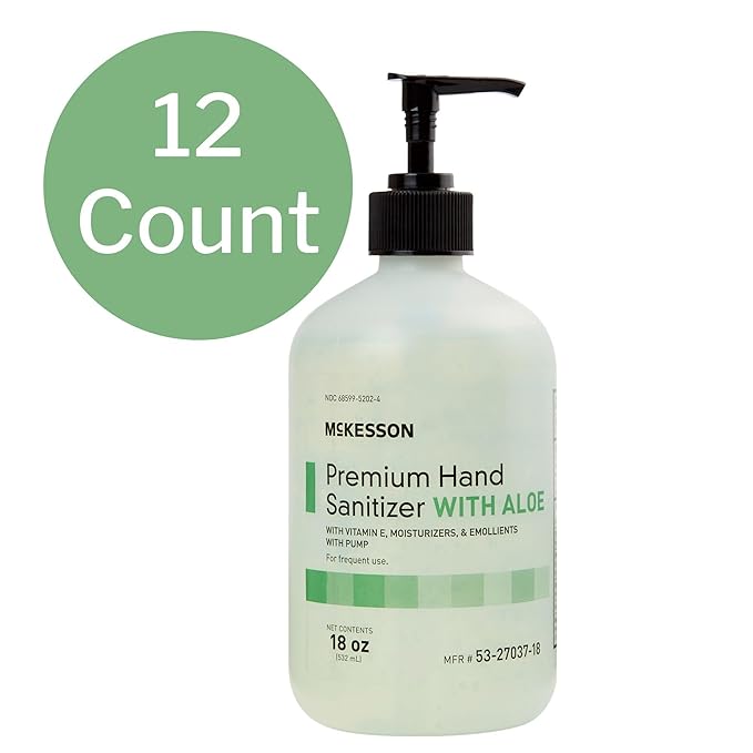 McKesson Hand Sanitizer with Aloe, 18 oz Pump Bottle [Pack of 12] Bulk, 70% Ethyl Alcohol, Spring Water Scent, No-Rinse Gel with Vitamin E and Moisturizers, Medical-Grade Sanitizer