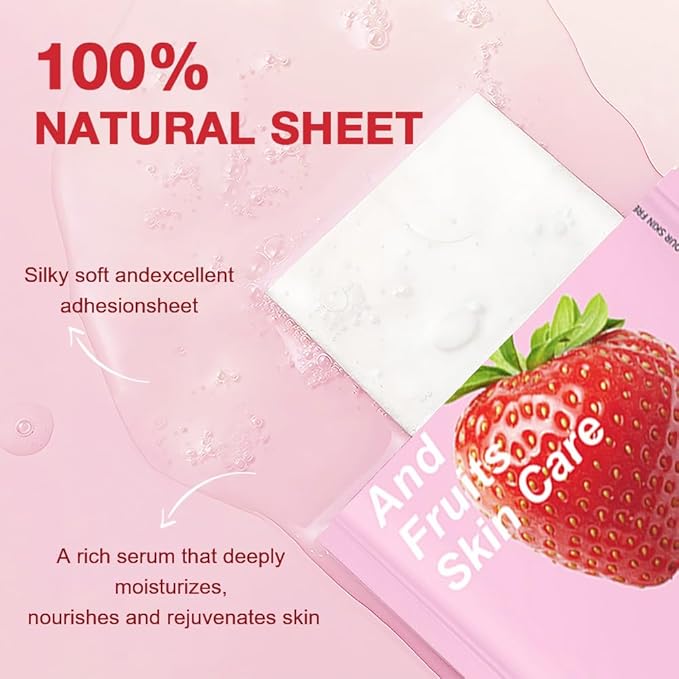 Kaely 12 Pack Strawberry Face Masks for Kids, Kids Face Mask Spa Day Kit Supplies, Spa Party Favors for Teens Girls Women, Sheet Facial Mask Skincare Gifts Set, Hydrating for All Skin Types, 08