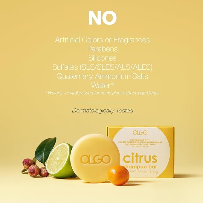 OLGO Citrus Shampoo Bar 3.5oz - Soap Free Solid Shampoo & Wash | Head to Toe for All Ages | Citrus, Argan Oil, Jojoba Oil, Shikakai | Vegan, Sustainable Formula - No Sulfates, Parabens, Phthalates