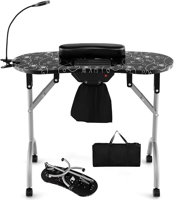 S AFSTAR Portable Nail Table, 35" Foldable Manicure Table with Electric Dust Collector, Bendable LED Lamp, Carry Bag & 4 Lockable Wheels, Professional Nail Desk Nails Salon Station (Black)