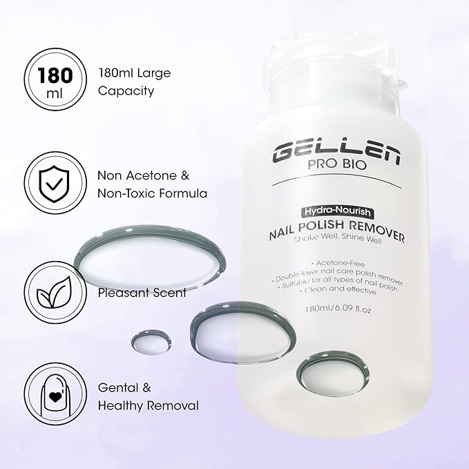 Gellen Nail Polish Remover, Dual-phase Nourishing Polish Removal- Non Acetone- for Quick Dry Nail Polishes- Non Toxic Fingernail Polish Remover with Easy Push-down Pump- Unscented- 6.09 Fl Oz