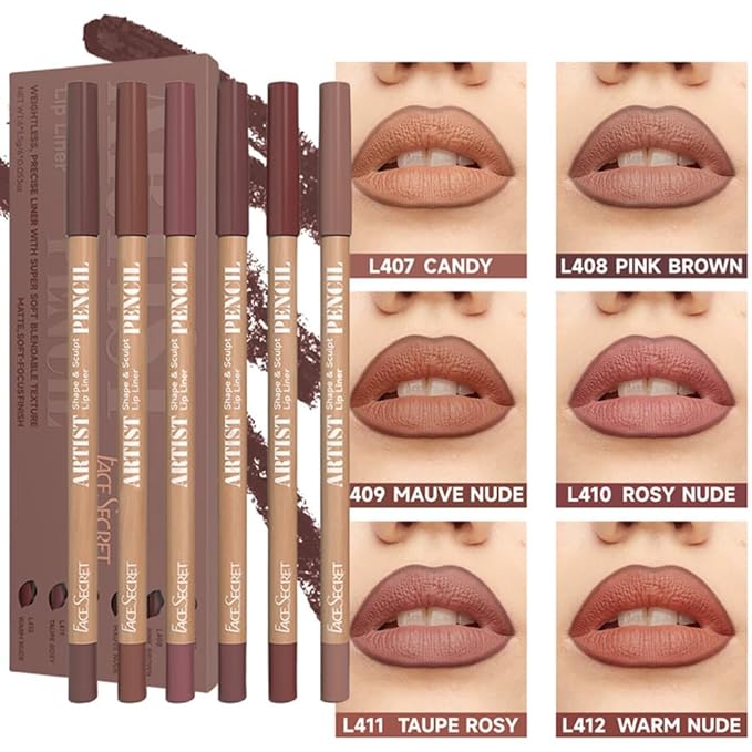 Beauty Glazed 6pcs Nude Brown Lip Liner Makeup Set - Waterproof & Smudge-Proof Matte Pencil, Long-Lasting & Durable, Smooth & Easy Glide, Non-Smudge, Contouring, Filling & Layering (NUDE-PINK Set)