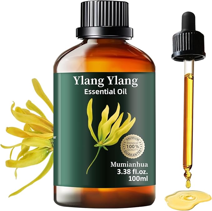 Mumianhua 100% Pure Ylang Ylang Essential Oil Natural Ylang Ylang Oil for Diffuser, Perfumes, Aromatherapy, DIY,Skin, Hair, Candle, Soap Making 3.38 Fl Oz