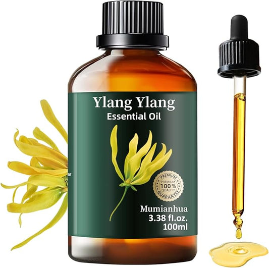 Mumianhua 100% Pure Ylang Ylang Essential Oil Natural Ylang Ylang Oil for Diffuser, Perfumes, Aromatherapy, DIY,Skin, Hair, Candle, Soap Making 3.38 Fl Oz