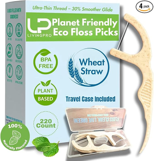 Plant Based Naturally Mint Infused Floss Picks(220pcs) with Travel Case | Biodegradable Straw Wheat Handle | Thin Single Thread Flosser, Shred-Resistant- Easy Glide for Plaque Removal & Gentle on Gum