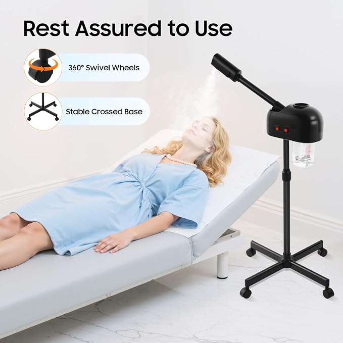Professional Facial Steamer Mist Face Steamer Stand Ozone Facial Machine with Wheels Professional Skin Care Equipment for Shaving & Skin Care, Barbershop, Salon, Spa Use (Black)