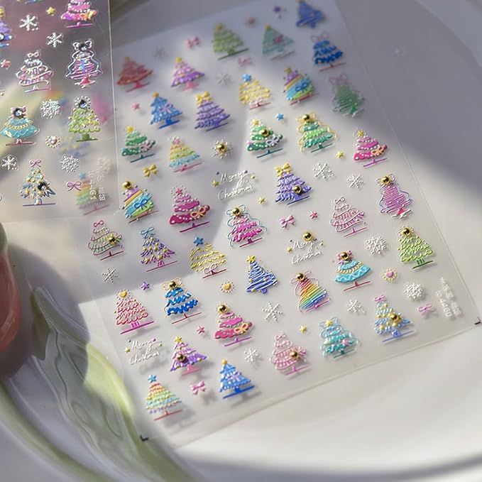 Christmas Nail Art Stickers 5D Embossed Colorful Xmas Tree Nail Decals with Gold Pearl 1PCS Xmas Tree Snowflake Star Design Christmas Nail Art Supplies Manicure Sliders for Women DIY Nail Decorations