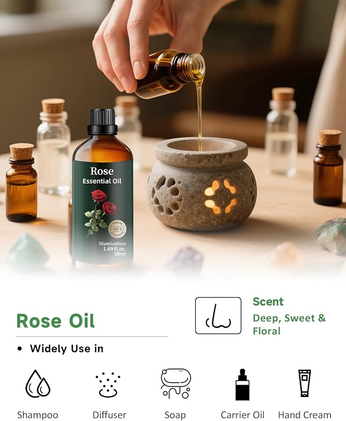 Pure Rose Essential Oil, Mumianhua Natural Rose Oil for Reed Diffuser, Air Freshener, Aromatherapy, Relaxation, Skin,Hair, Cologne, Candles Making, Evening Wellness, Romantic Atmosphere 1.69 Fl Oz