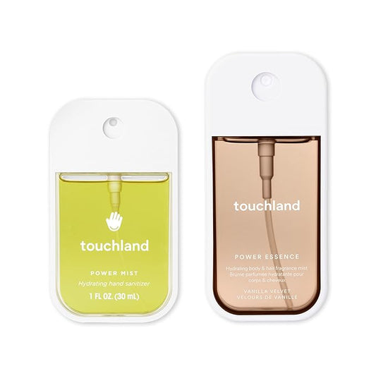 Touchland VANILLA INDULGENCE Body and Hand Mist Essentials (Vanilla Velvet Body & Hair Fragrance Mist, 2 FL. OZ. + Vanilla Blossom Hydrating Hand Sanitizer Spray 1FL.OZ.), Travel Size Set