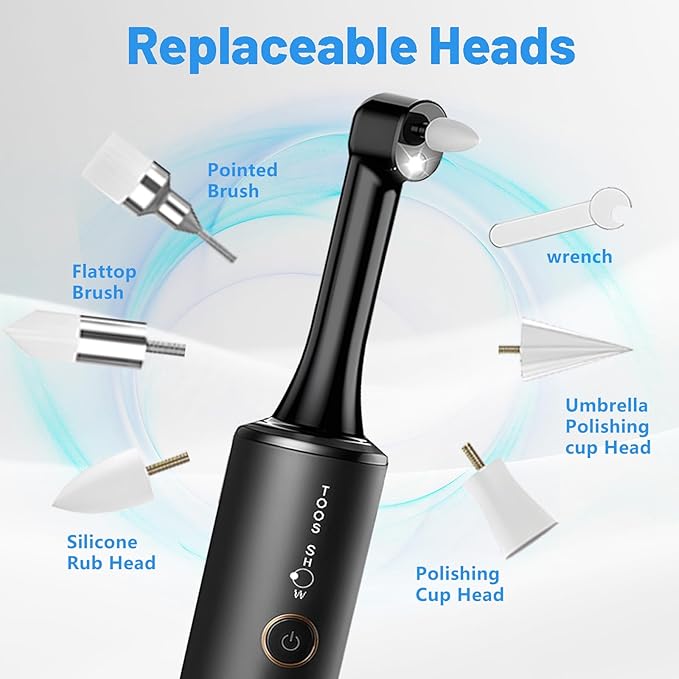 Tooth Polisher Kit with 4 Speed Modes, 5 Brush Heads, 6 Polishing Pastes & Desensitizing Gel,Rechargeable Electric Tooth Polishing Tool with LED Light & Travel Case, Home Use Teeth Whitening Cleaner