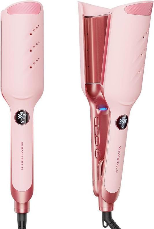 Wavytalk Power Wave Hair Crimper, Curling Iron Waver for Women, Beach Waves Curling Wand, Ventilation Design for Less Damage, Ionic Reduces Frizz, Lightweight Curler, Dual Voltage Crimping Iron, Pink