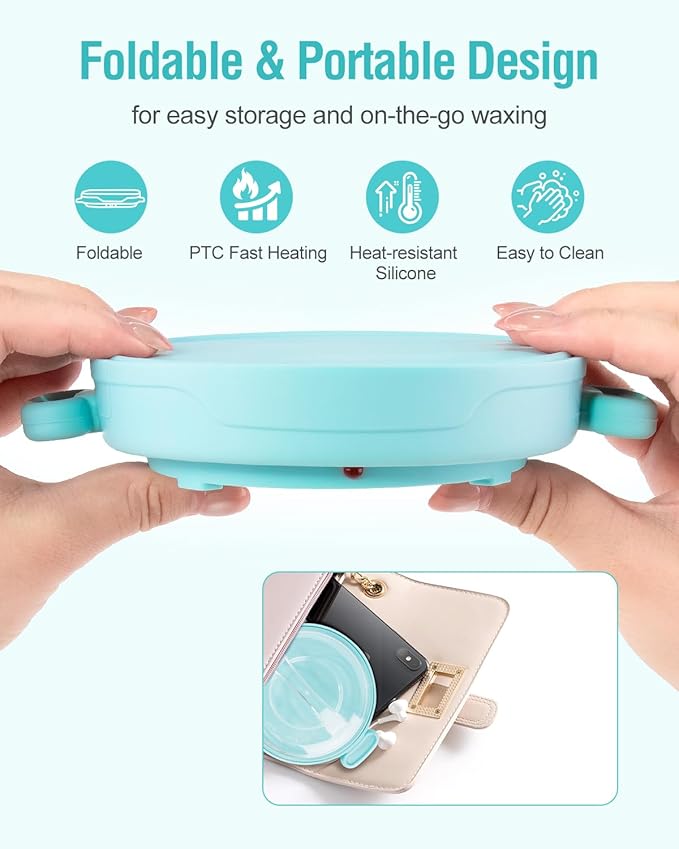 Silicone Wax Warmer for Hair Removal, Foldable Hot Wax Melter Machine for Hard and Soft Wax Beads, 18.6oz Electric Waxing Kit Silicone Heater Pot for Full Body, Legs, Face, Eyebrows & Bikini