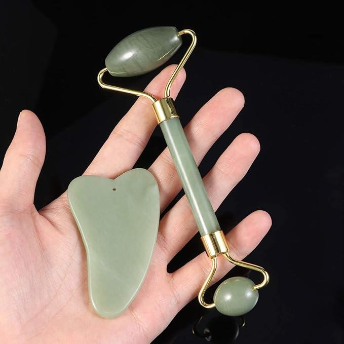 rosenice Gua Sha Facial Tools Guasha Tool Gua Sha Jade Stone for Face Skincare Facial Body Acupuncture Relieve Muscle Tensions Reduce Puffiness Festive Gifts (Green-Set)