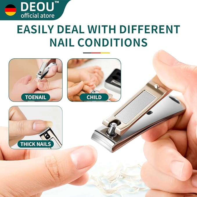 DEOU 3-in-1 Professional Nail Clipper Set - Stainless Steel Large/Medium Flat-Edge Clippers with Built-in Nail File, Champagne-Colored Nail Care Tools, Exquisitely Gift-Packaged for Home & Travel Use