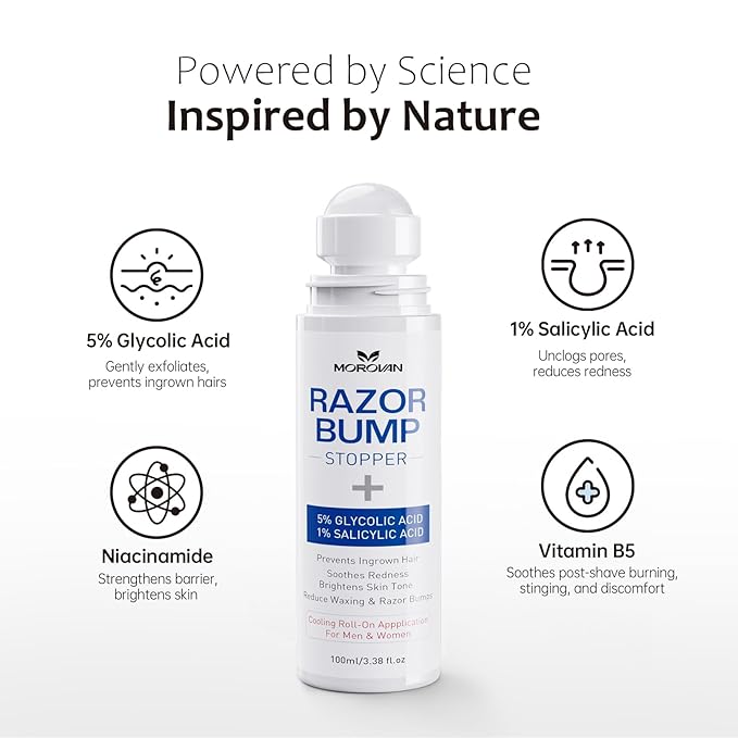Morovan Razor Bumps Treatment: Ingrown Hair Solution for Bikini Area, Beard & Body, Post Wax After Shaving Soothing Serum for Women & Men - 3.38fl.oz