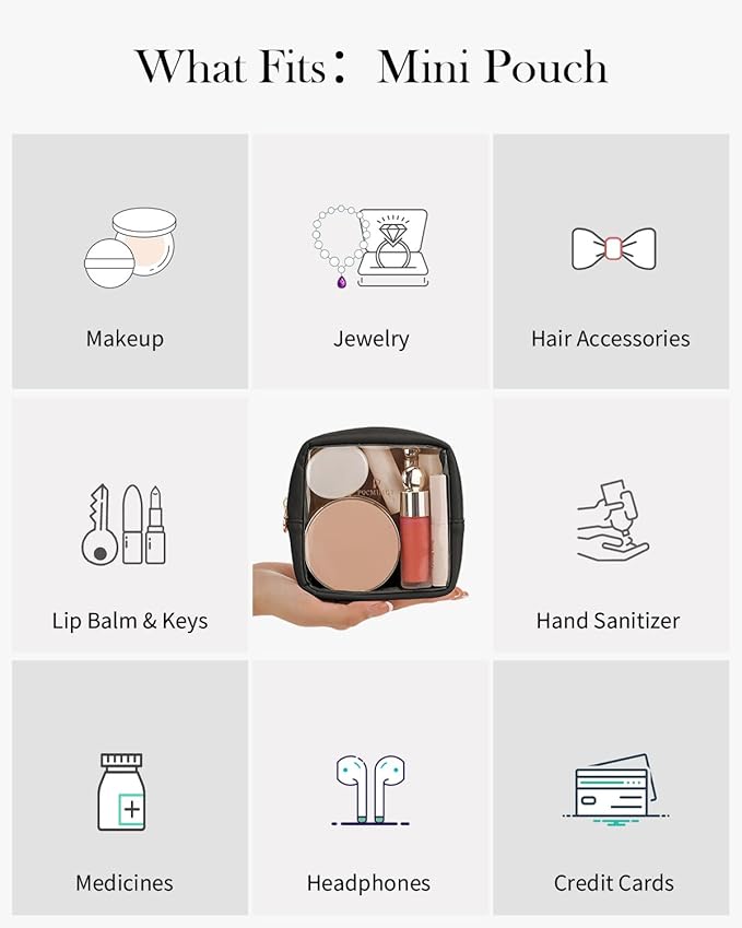 Pomimut Clear Makeup Bag,Mini Makeup Pouch Organizer Fit Carry-on Travel Essentials,TSA Approved Toiletry Bag Clear Cosmetic Bags for Women Men,Black