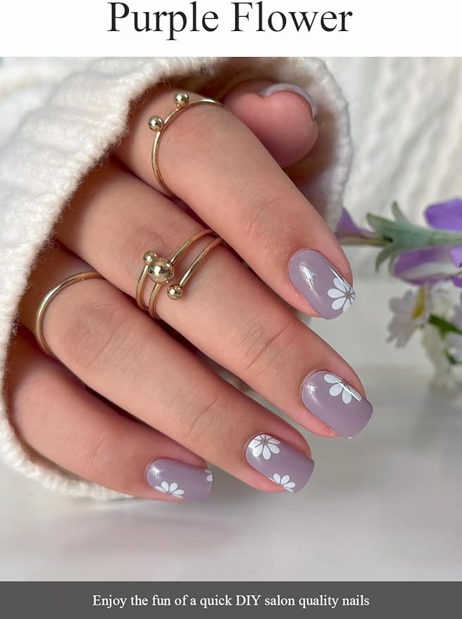Semi Cured Gel Nail Strips (Purple Flower), 20 Pcs Gel Nail Wraps, Stickers, Salon Quality, Long Lasting, Works With Any UV Lamps
