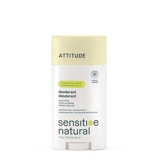 ATTITUDE Deodorant for Sensitive Skin, Aluminum Free & Baking Soda Free, Gentle & Vegan, Long-Lasting Odor Protection, Vanilla Cream Scent, 2.64 Oz