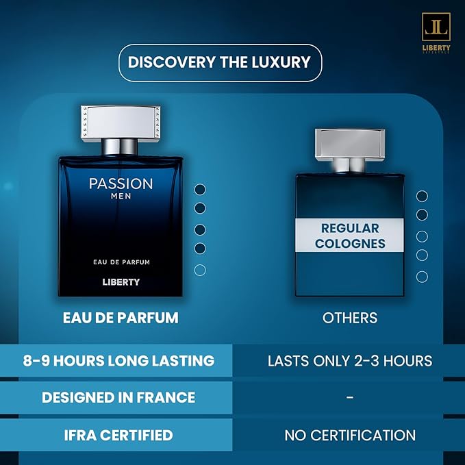 Liberty Luxury Passion Eau De Parfum for Men, Long Lasting Bold Spicy Scent Designed in France, Masculine Cologne That Draws Compliments, Perfume for men, men's fragrances,Gift for Men 100ml 3.4Oz