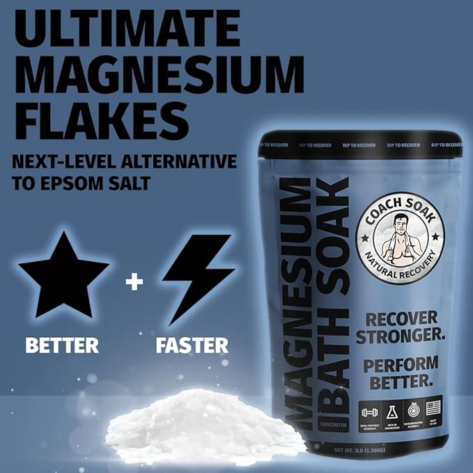 Coach Soak Recovery Bath Soak - Alternative to Epsom Salt Bath Soak - Fast-Absorbing Pure Magnesium Flakes & Dead Sea Salt with 21 Minerals, Bath Salts & Essential Oils - 3 lb, Unscented