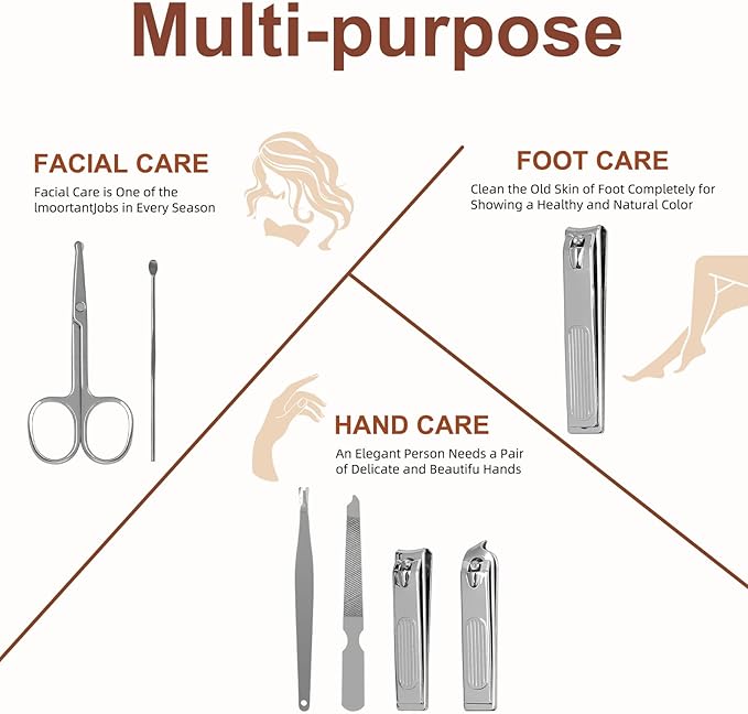 Premium Stainless Steel Nail Clippers Set - Travel Grooming Kit, 6pc Manicure/Pedicure Tools with PU Case - Unisex Gift for Men and Women(D-Black)