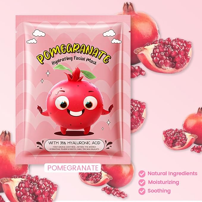 12 Pack Kids Face Masks for Kids Girls Spa, Girls Kids Facial Spa Day Slumber Sleepover Birthday Party Favors Supplies Kit for Girl, Kid Friendly Facial Face Masks Bulk Skincare for Kid, Pomegranate