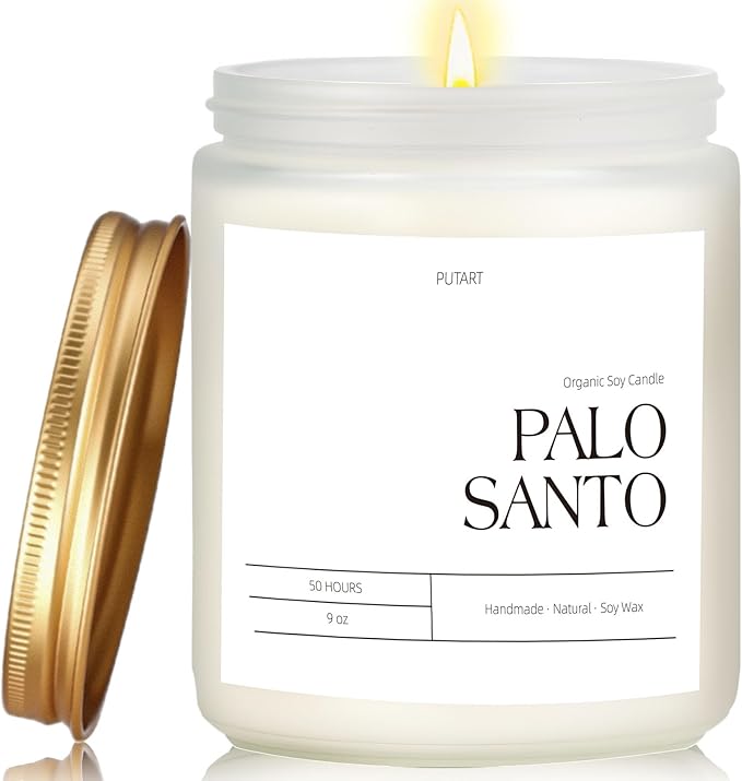 Palo Santo Highly Scented Candle for Home, 9oz Natural Soy Aromatherapy Non Toxic Candles with Essential Oil, Home Fragrance Stress Relief & Meditation Jar Candles Gifts for Women & Men, White