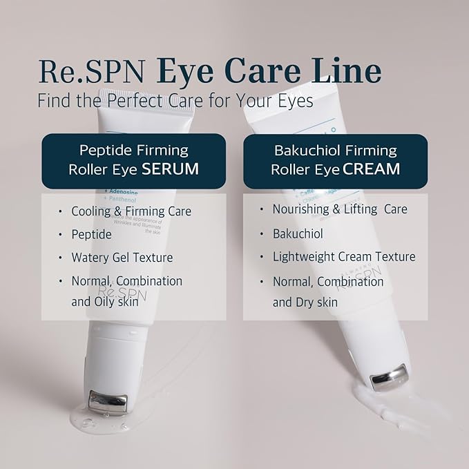 Re.SPN Peptide Firming Roller Eye Serum – For Puffy Eyes, Wrinkles & Dark Circles, Cooling Gua Sha Metal Applicator with Niacinamide, Vegan K-Beauty (0.67 fl oz)