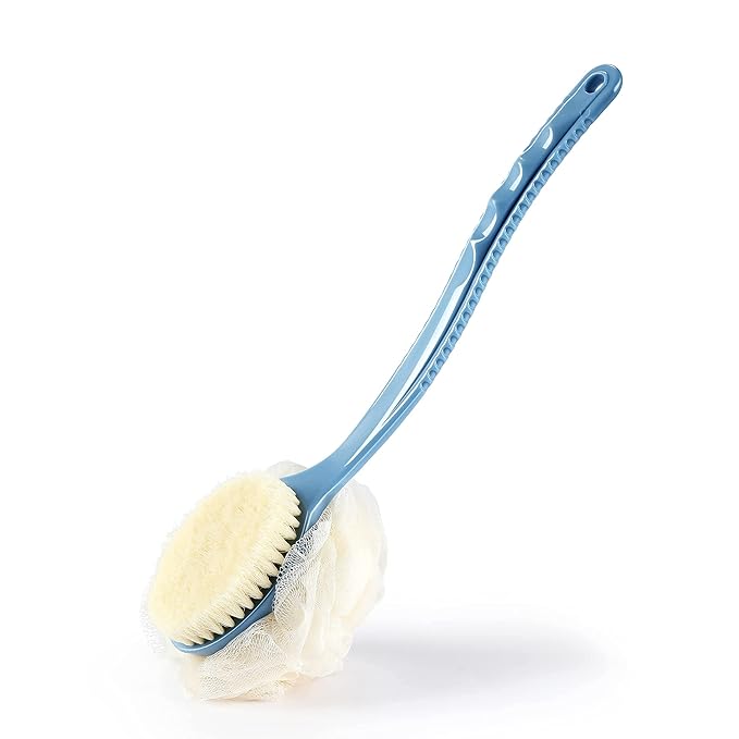 Shower Body Brush with Bristles and Loofah,Back Scrubber Bath Mesh Sponge with Curved Long Handle for Skin Exfoliating Bath, Massage Bristles Suitable for Wet or Dry, Men and Women (Blue)