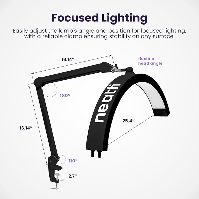 Neatfi Half Moon LED Table Lamp for Estheticians, Nail Tech, and Cosmetician for Manicure Art, Facial, Waxing, Threading and Tattoo, 2500 Lumens, 5 Light Modes (with Clamp, Black)