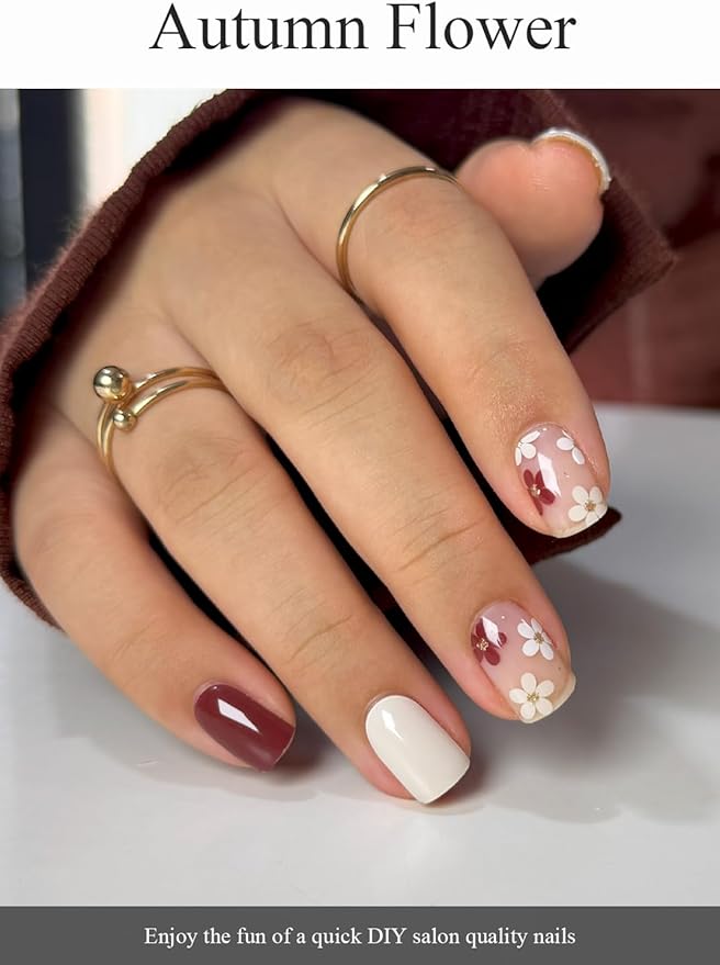 Semi Cured Gel Nail Strips (Autumn Flower), 20 Pcs Gel Nail Wraps, Stickers, Fall, Salon Quality, Works With Any Lamps