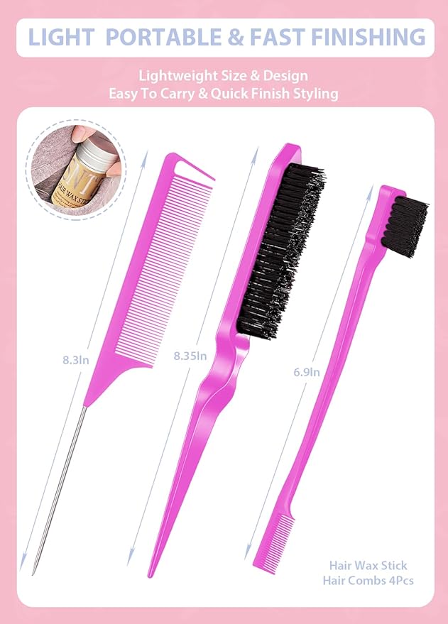 Hair Grooming Kit: Wax Stick for Flyaways, Slick Back Brush, Rat Tail Comb, Bristle Brush Set - Tames Frizz & Controls Baby Hair