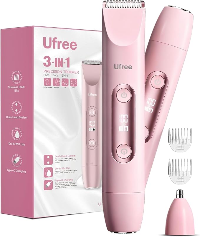Ufree Bikini Trimmer Electric Razors for Women Dual Head, Pubic Body Hair Trimmer Electric Shaver for Face, Legs, Arm, Rechargeable Lady Shaver Waterproof, Summer Grooming Kit, Gifts for Her