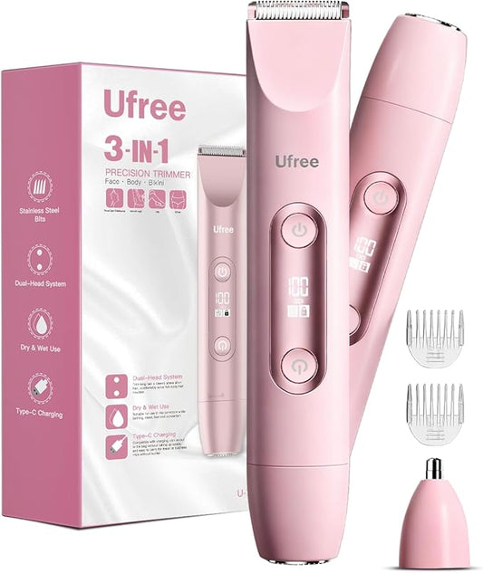 Ufree Bikini Trimmer Electric Razors for Women Dual Head, Pubic Body Hair Trimmer Electric Shaver for Face, Legs, Arm, Rechargeable Lady Shaver Waterproof, Summer Grooming Kit, Gifts for Her
