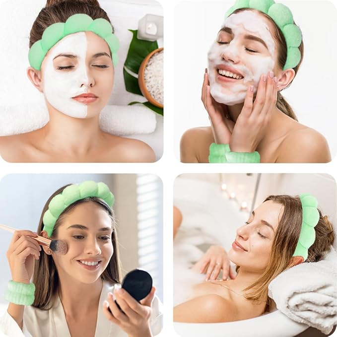 Spa Headbands for Washing Face Wristband Set Sponge Makeup Skincare Headband Wrist Towels Bubble Soft Terry Towel Cloth Hairband for Women Puffy Headwear Non Slip Thick Thin Hair Headwear (Green)